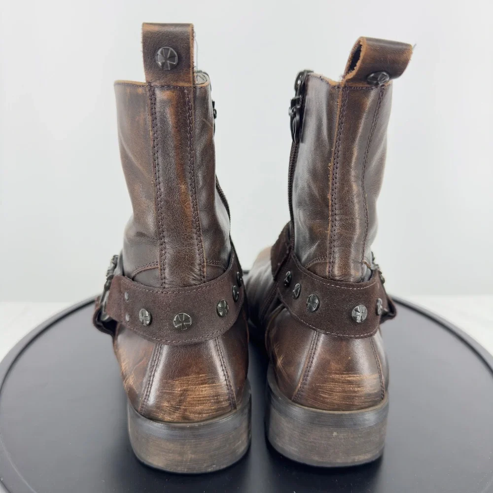 Mark Nason Lounge Brown Leather Harness Biker Boots Mens 8 Distressed Square Toe